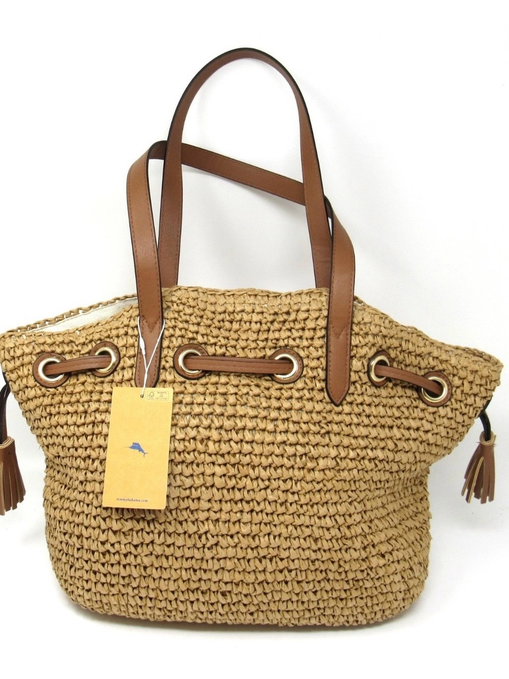 Tommy Bahama Tan Woven Straw Tote with Brown Leather Handles